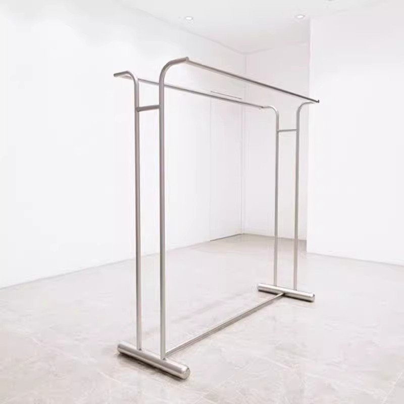 Estante de exhibición de ropa de acero inoxidable marco de isla medio tipo piso percha de ropa de doble fila barra paralela para hombres y mujeres y niños estante de ropa de carga