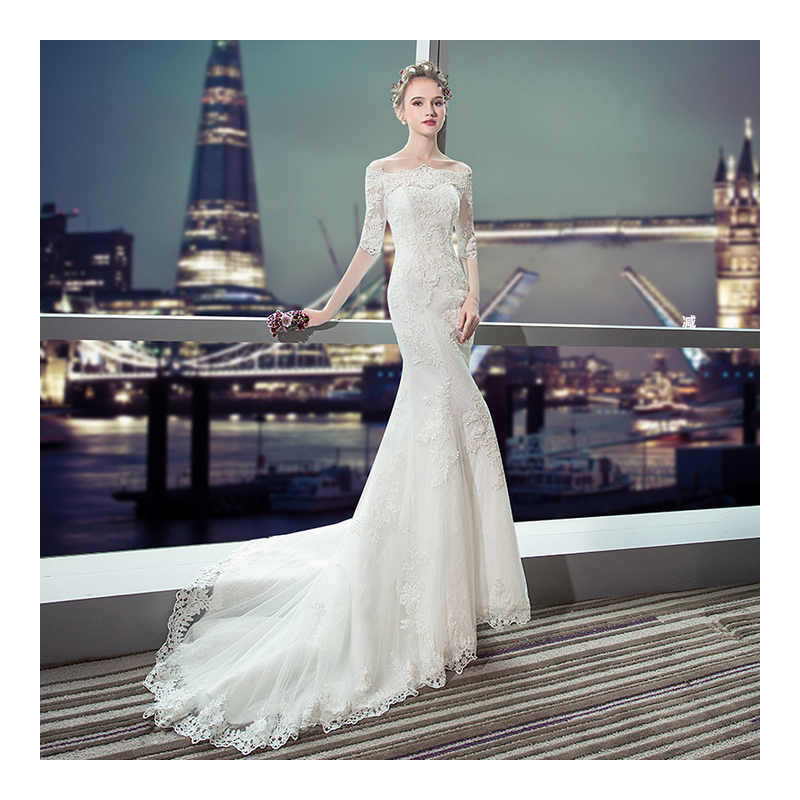 Light yarn outdoor yarn slim off-shoulder short sleeve sheath fishtail wedding dress Light yarn outdoor yarn slim off-shoulder short sleeve sheath fishtail wedding dress