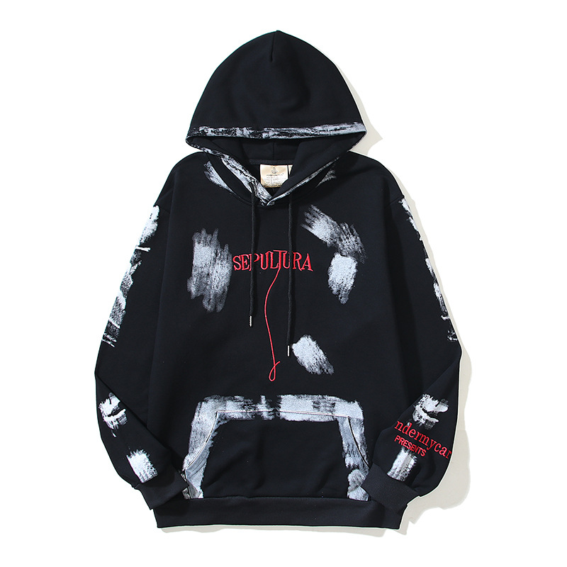 Undermycar Distressed Graffiti Musterdruck High Street Amerikanischer lockerer Kapuzenpullover für Herren- und Damenmode_voghion.com