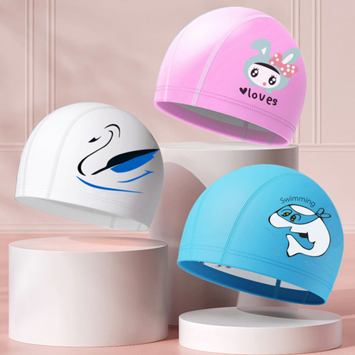 Children's swimming cap new equipment wholesale boys and girls baby cartoon fashion PU waterproof ear protection student swimming cap