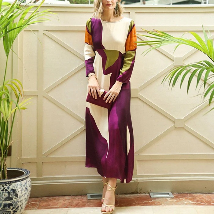 2025 European and American Fashion Amazon Independent Site Elegant Slim Round Neck Digital Print Long Dress Dress Contrasting Color