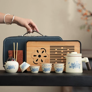 轻奢旅行茶具黄汝窑富贵牡丹套装功夫茶壶快客杯节日送礼开业批发