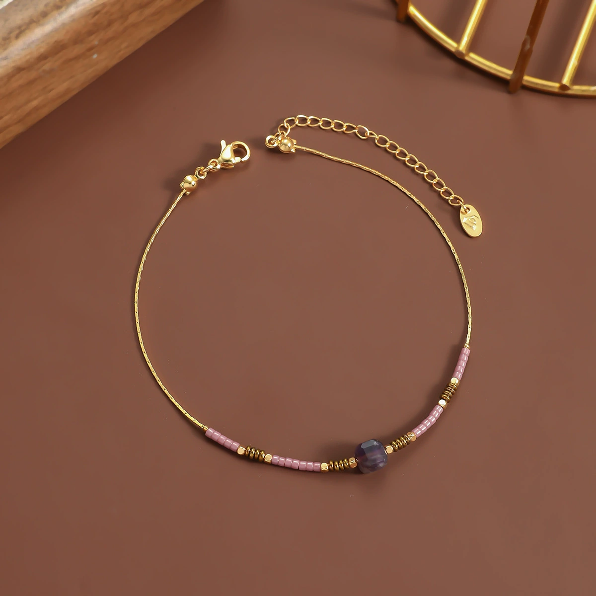 Summer ankle bracelet with amethyst, chain, organic beach beaded bracelet natural stone stainless steel, simple and elegant design, light luxury style