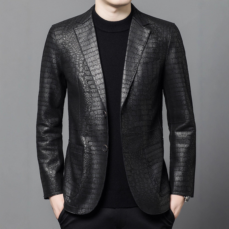 Genuine Sheepskin Suit Collar Crocodile Pattern Jacket Haining Men's Genuine Leather Suit Collar Casual Jacket