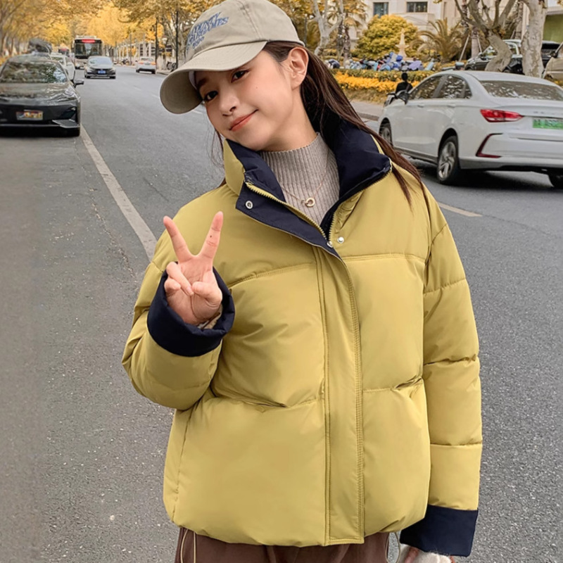 欧货立领撞色拼接棉服女短款冬季2025新款小个子宽松时尚面包外套|undefined