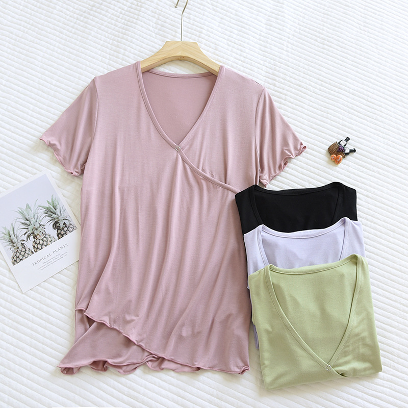 Breastfeeding Clothes Hot Mom's Spring and Autumn Bottoming Shirt Spring and Summer Thin Short-sleeved Breastfeeding Jacket Moon Suit Summer Clothes