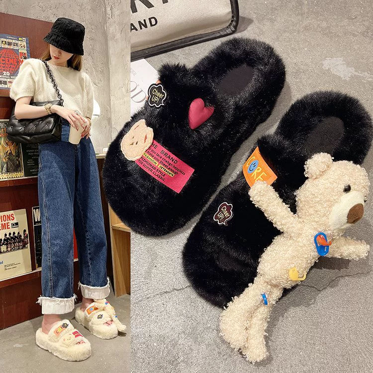 Повседневная толстая подошва, универсальная 2023 Новая модная ниша, дизайн, плюшевая игрушка, медведь, плюшевые Тапочки
