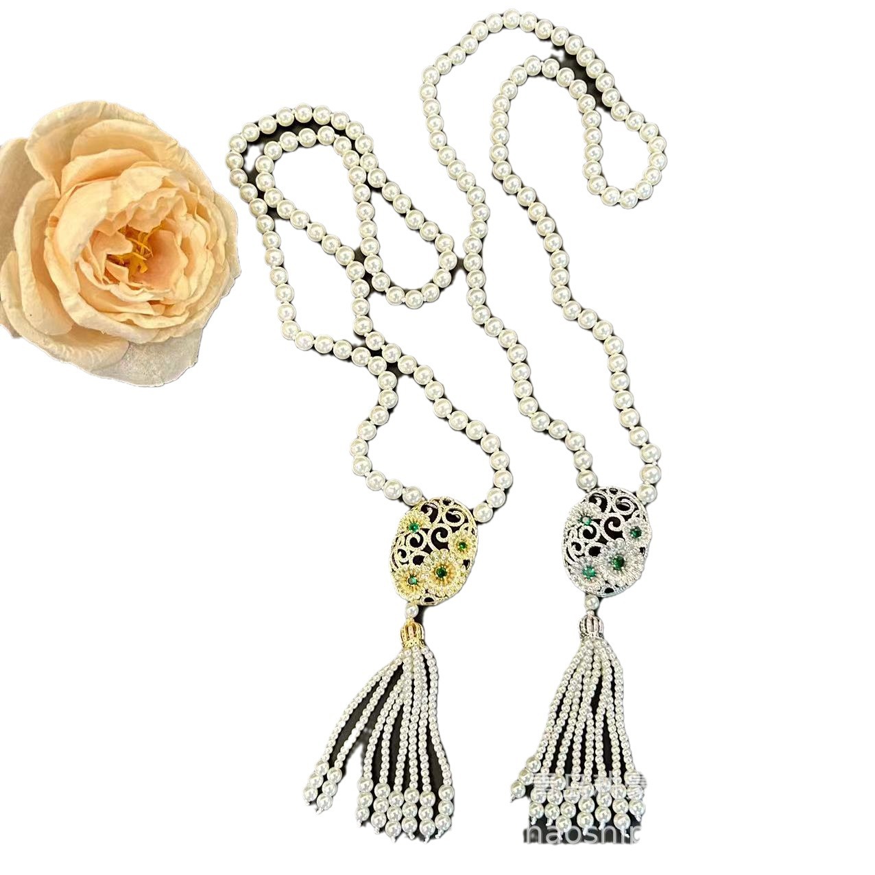Qingdao Middle Ancient Chinese Style New Chinese Style Tassel Long Necklace Palace Hollow Carved Diamond Pearl Woolen Chain for Women