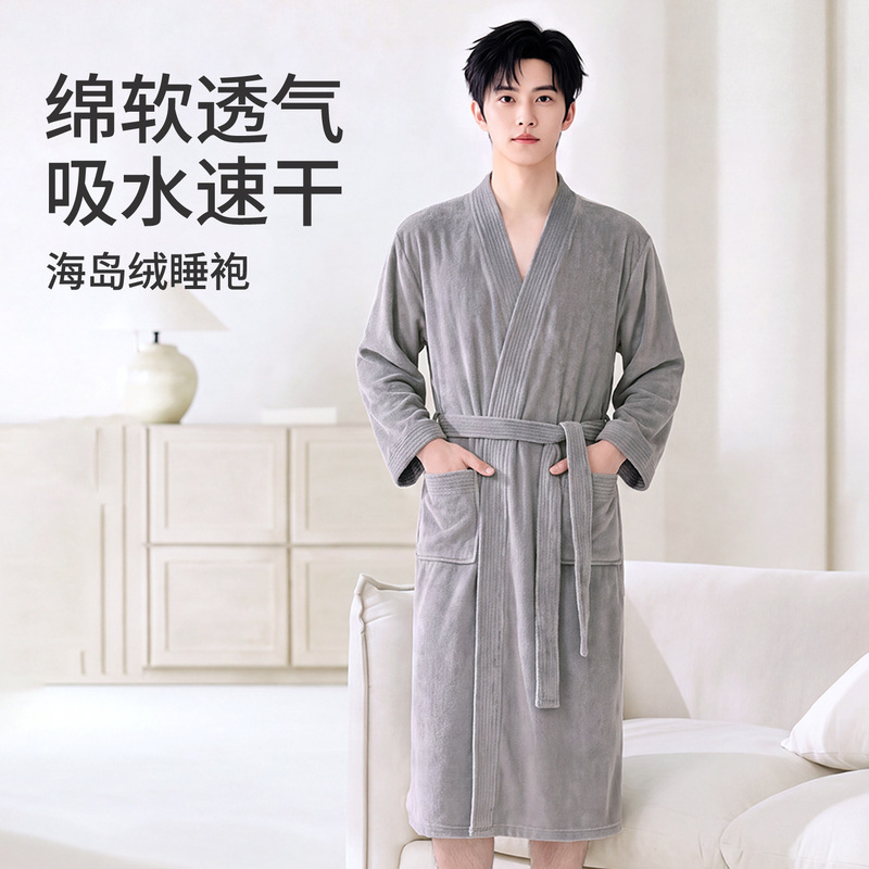 All-season men's island velvet bathrobe, high-end, skin-friendly, soft, women's nightgown, water-absorbent, quick-drying, couple's home wear