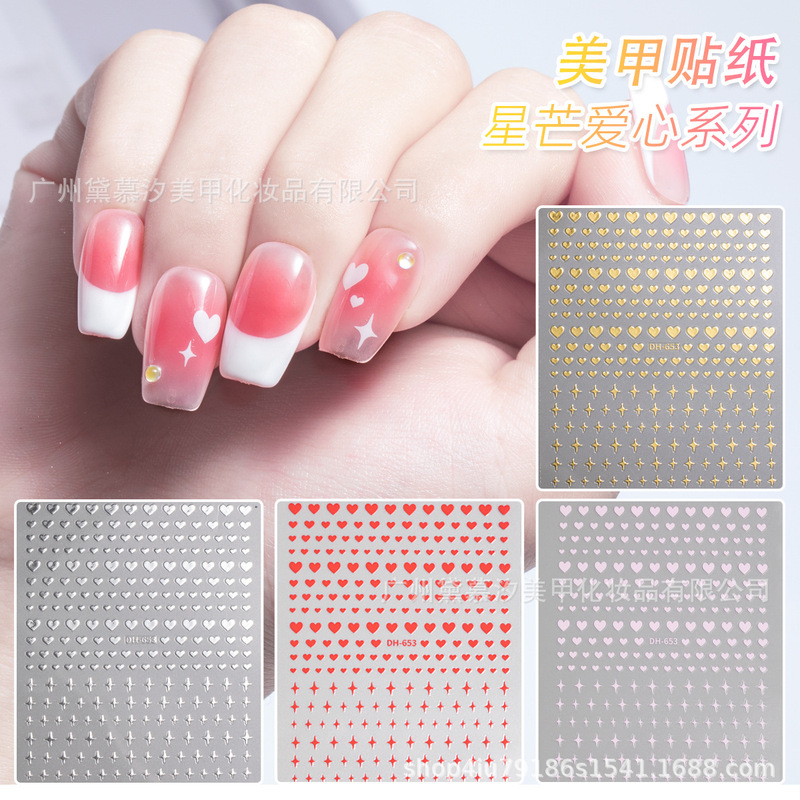 Cross-Border Manicure Adhesive Stickers Colorfulful Small Heart Starburst Shape Cut Out Hot Stamping Silver Nail Decoration Decals