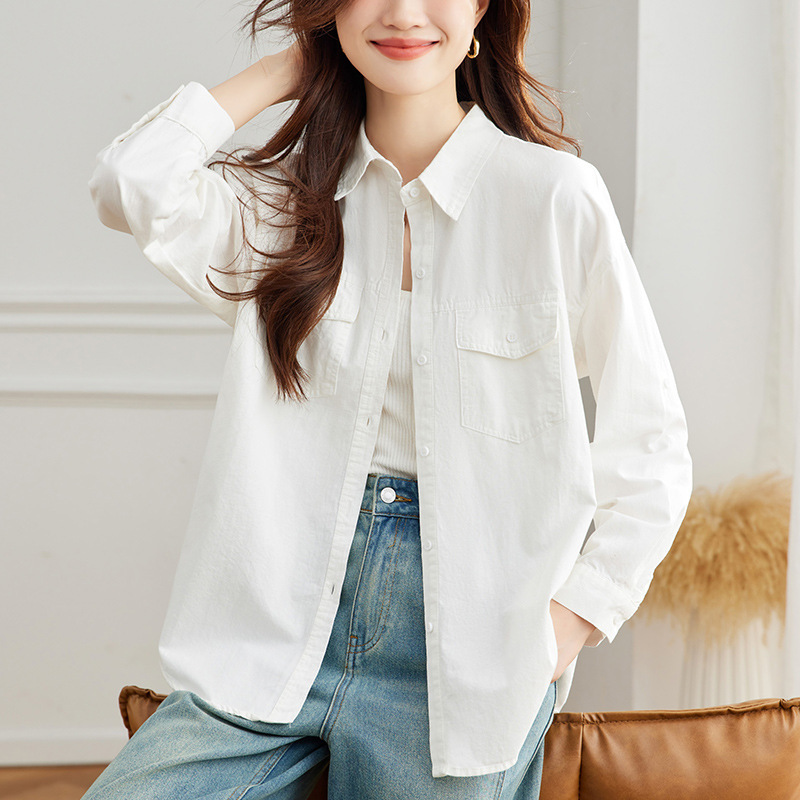Factory Direct Sale Solid Color Double-Pocket Shirt for Women, 2026 Spring New Style, Elegant Commuter Design, Mid-Length Shirt
