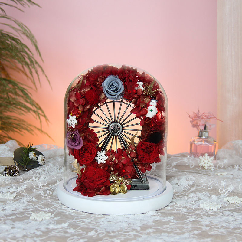 工廠批發永生花摩天輪 玫瑰繡球玻璃罩花盒擺件聖誕節生日禮物
