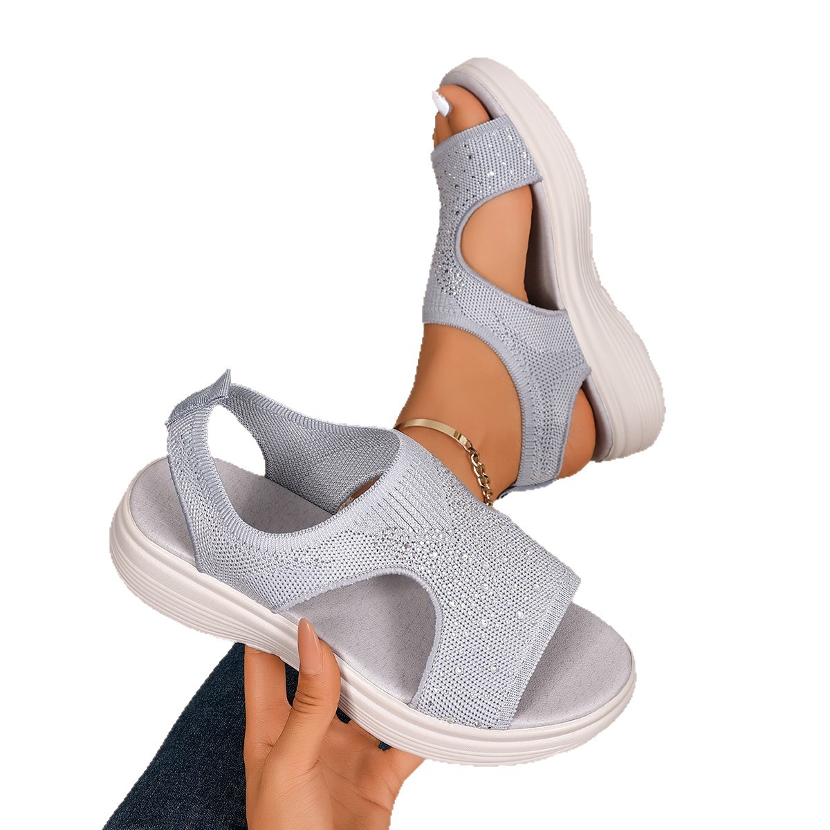 Nuevas sandalias ligeras deportivas casuales cómodas con costura de diamante de fondo grueso zapatos de mujer parche de sandalias para mujeres image 6