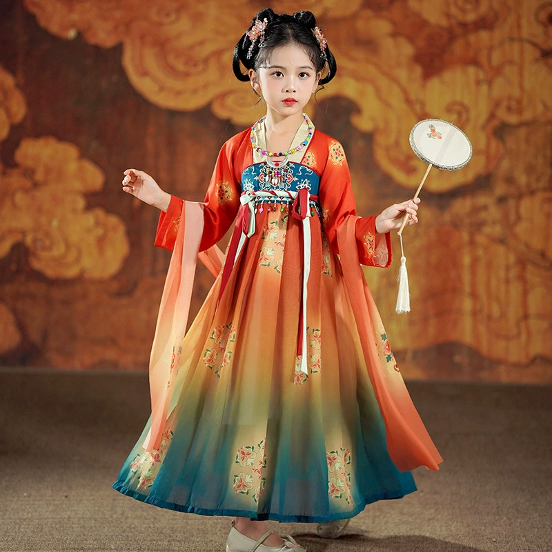 Ханьфу для девочек, новая модель 2026 года, детское платье в древнекитайском стиле с длинными рукавами, юбка в стиле династии Тан, китайский стиль, летучая фея из Дунхуаня.
