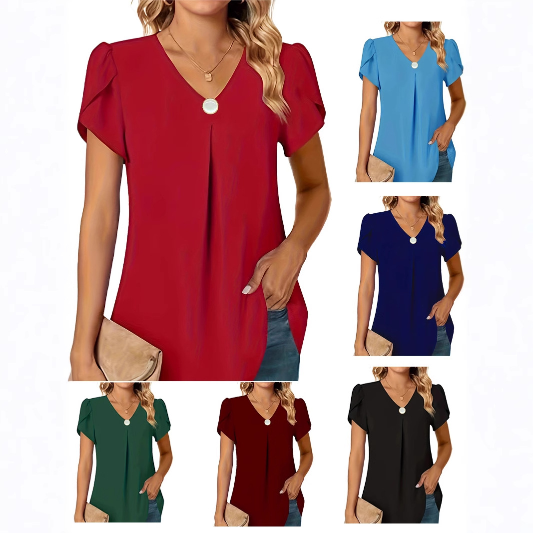 2025년 크로스보더 유럽 및 미국 아마존 여성 패션 쉬폰 셔츠 V넥 반팔 솔리드 컬러 탑 원버튼