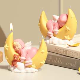 月亮天使宝宝香薰蜡烛硅胶模具 立体月亮船滴胶石膏摆件装饰磨具