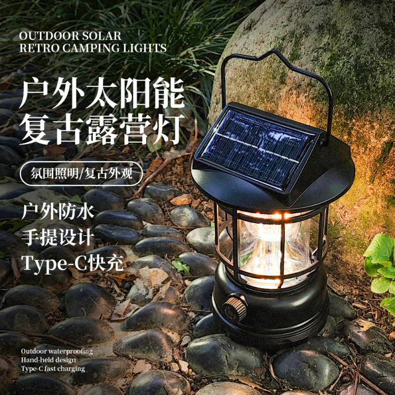 Солнечная сверхяркая уличная кемпинговая лампа, аварийный перезаряжаемый фонарь для палатки, ретро-кемпинг, портативный кемпинговый атмосферный светильник от производителя
