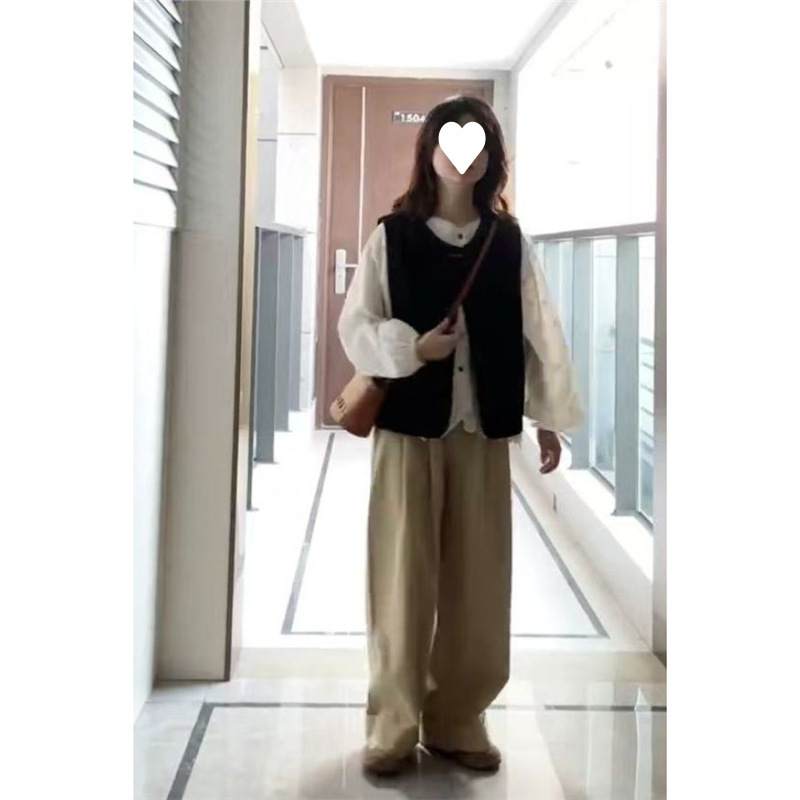 2025秋季复古一整套牛仔背心开衫马甲长袖上衣宽松长裤衬衫三件套