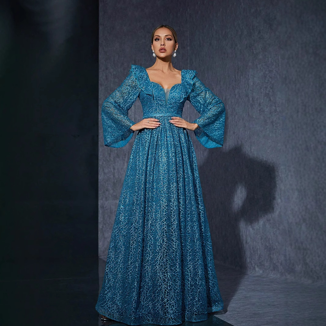 Foreign Trade New Amazon Horn Sleeve Embroidered Dress Temperament Niche Bridesmaid Dress Ball Performance Banquet Evening Dress