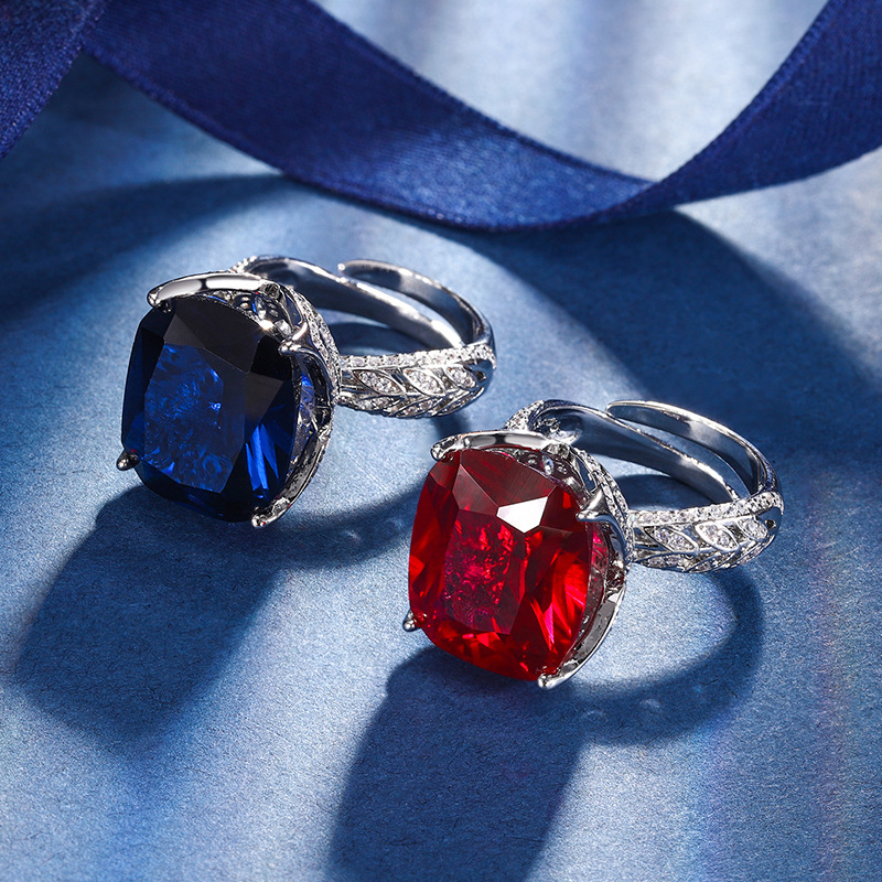 Zhuang Sheng joyería cobre Fondo chapado en oro retro moda simulación color tesoro rojo corindón grasa cuadrado 14*16 anillo retro para las mujeres