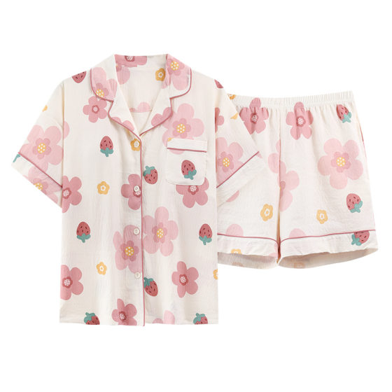 100% Cotton Pajamas Women's Summer Short-sleeved Pants with Chest Pad Short-sleeved Three-piece Cardigan Summer Outwear suit