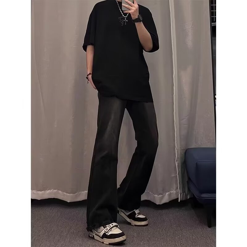 2024 primavera y otoño nuevo estilo americano calle alta suelta recta pantalones largos casuales negros marca de moda jeans para hombres