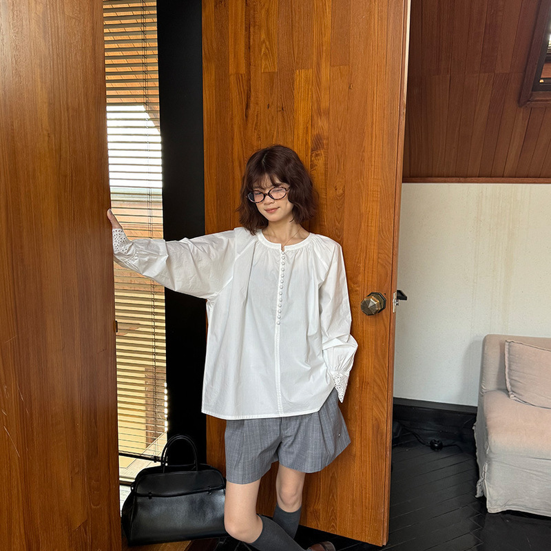 Lino Early Spring New Lace Sleeve Multi-button White Shirt Women's 2025 Korean Loose Lantern Sleeve Niche Crewneck Shirt