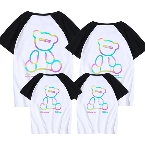 Lemond's new parent-child short-sleeved cartoon fashion reflective luminous bear couple wear pure cotton T-shirt family wear