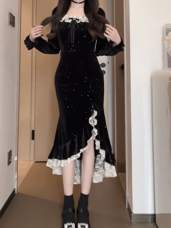 美人鱼中长裙女秋冬显瘦亮闪开叉鱼尾摆不规则修身显瘦丝绒连衣裙|undefined