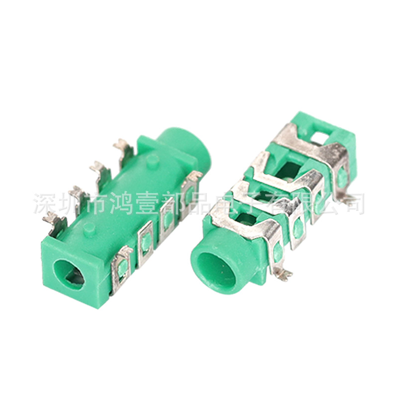 鸿壹销售耳机插座 3.5口径绿色贴片 四节六脚音频座313