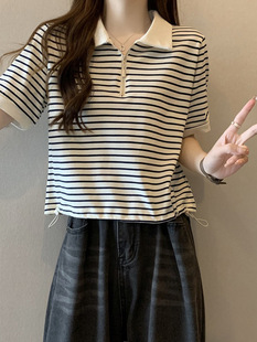 Plus Size Striped Right Shoulder Short-Sleeved Shirt for Women in Summer Fat Belly-Covering Design Drawstring Short Top