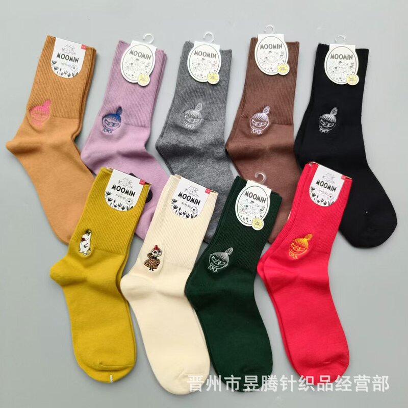 Japanese single moomin Asian American Mumming women's socks autumn and winter tide brand solid color embroidered cashmere tide socks fashion pile socks