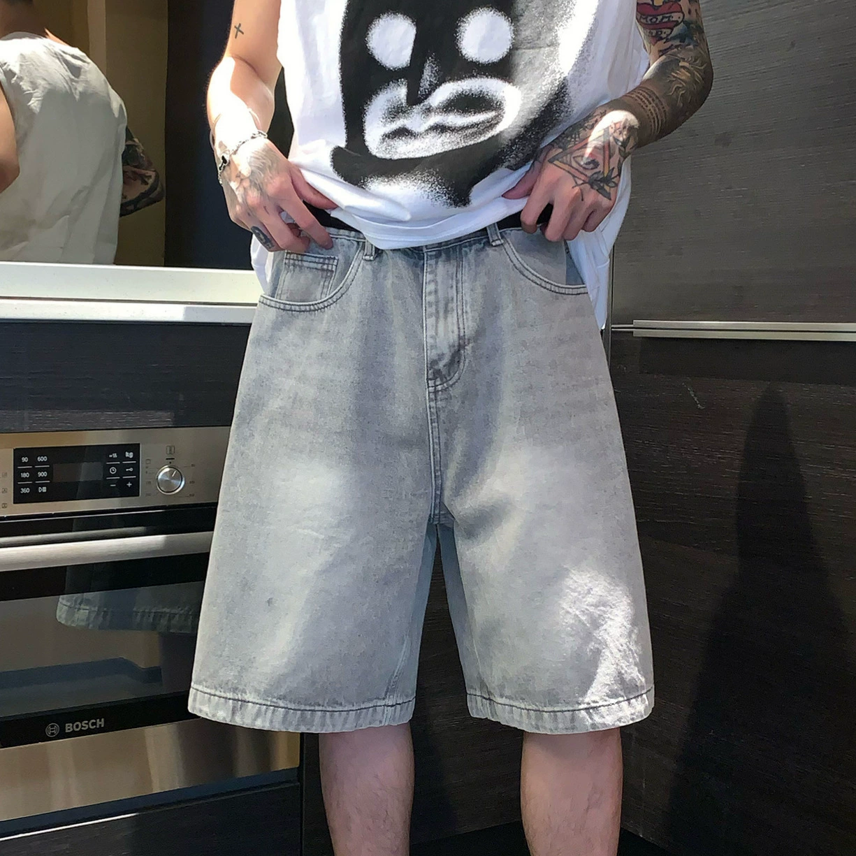 Летние новые американские ретро старые синие джинсовые шорты мужские свободные прямые брюки