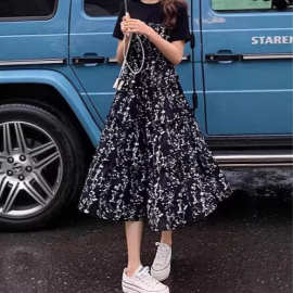 夏季连衣裙女假两件韩版时尚宽松显瘦拼接中长款短袖碎花小黑裙子