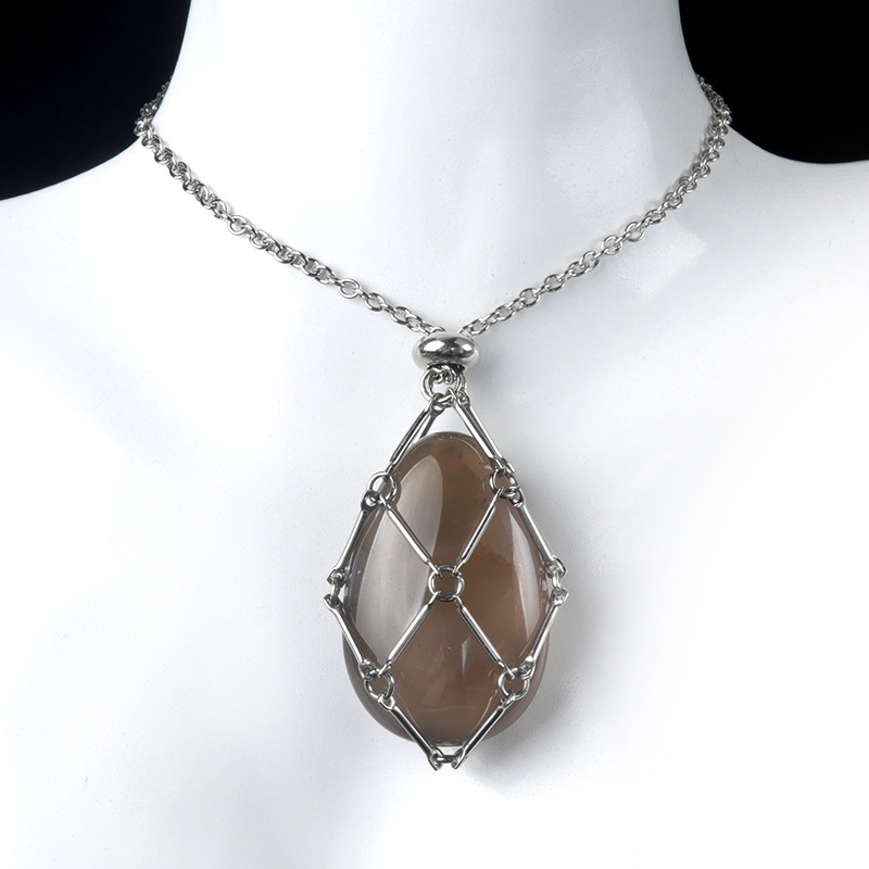 1720-Acero inoxidable cadena hecha a mano de malla tejida bolsa collar de cristal ágata piedra gota de agua colgante reemplazable piedra original