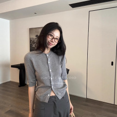 秋季新款女装韩系温柔小香风修身显瘦百搭圆领中袖开衫针织衫上衣