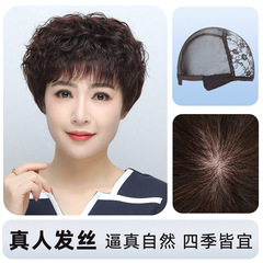 かつらの女性のショートヘアの本物の髪の全頭の中高年の女性のお母さんの自然な通気性の短いカールのかつらのカバー