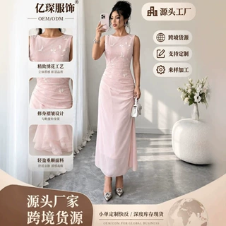 定制亚马逊跨境2026新款无袖刺绣礼服裙女收腰褶皱开叉长款连衣裙