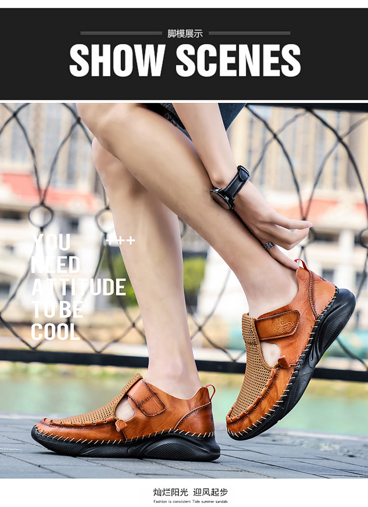 Cross-border plus-size men's sandals 2021 Summer new style mesh shoes, perforated breathable cowhide outdoor sports wading slippers undefined