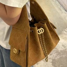 小香风25C抽绳水桶包真皮斜挎包女高级感链条绣花包包轻奢托特包