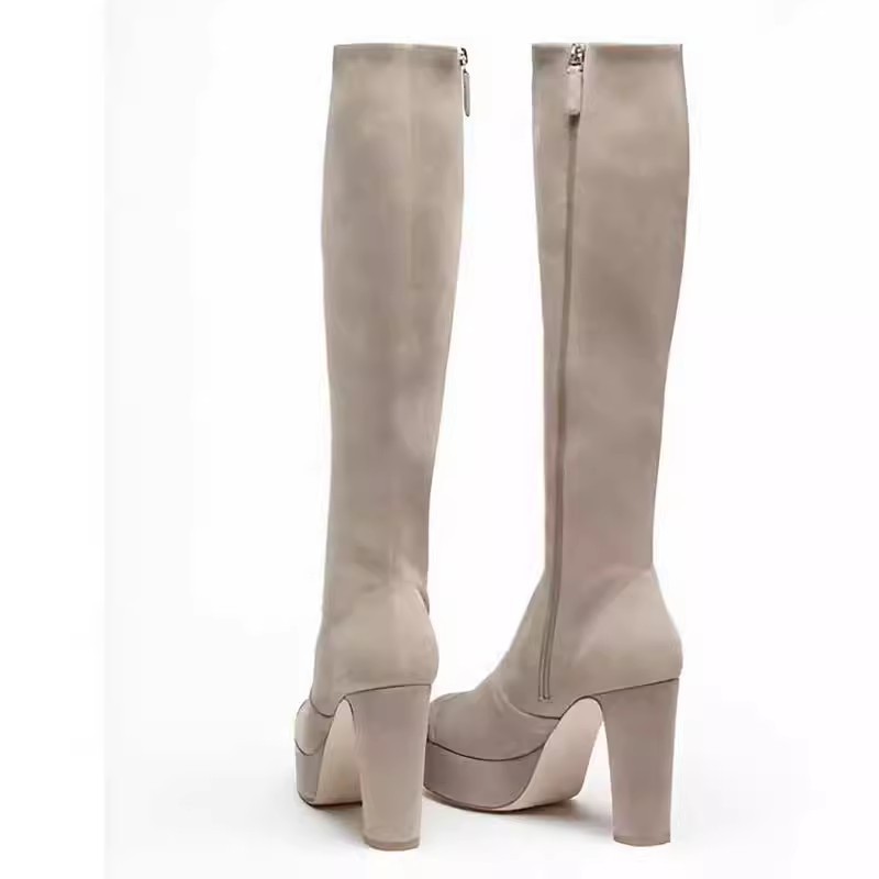 Stora högklackade vattentäta platåstövlar med elastiska klackar höst- och vinterhöga stövlar runda stövlar för kvinnor smala stövlar_voghion.com