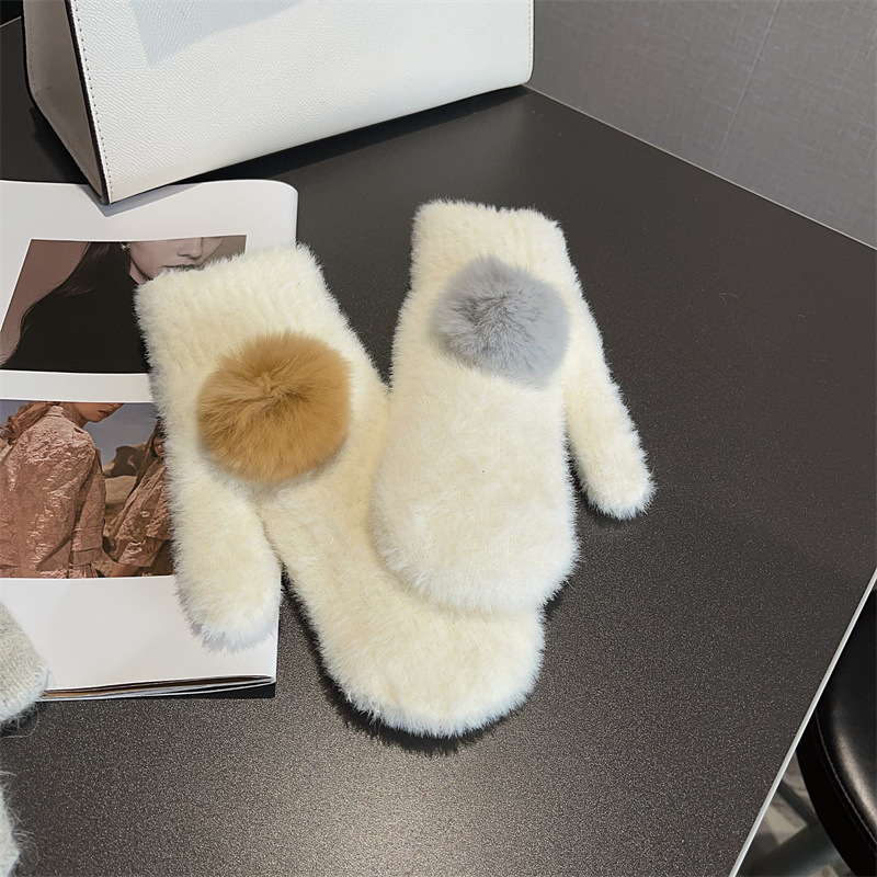 Gants en laine à cinq doigts pour femmes en laine à boules de poils, nouveaux modèles d'automne et d'hiver en cachemire à écran tactile, empilés et épaissis_voghion.com