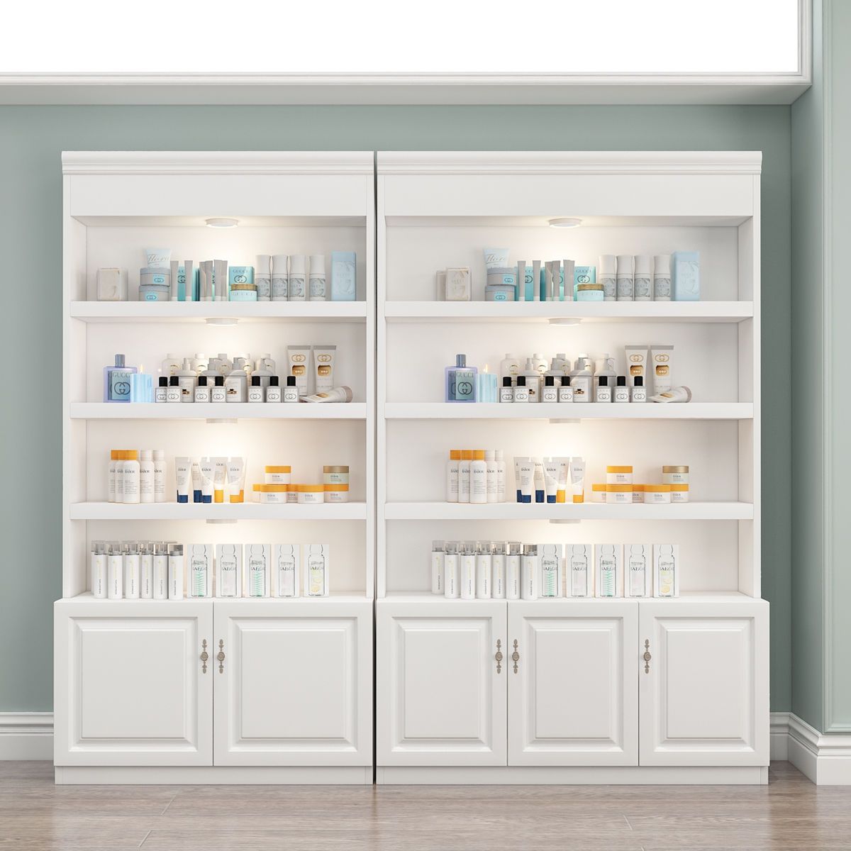 欧式化妆品展示柜落地商用精品美甲店理发店美容院货柜产品陈列柜
