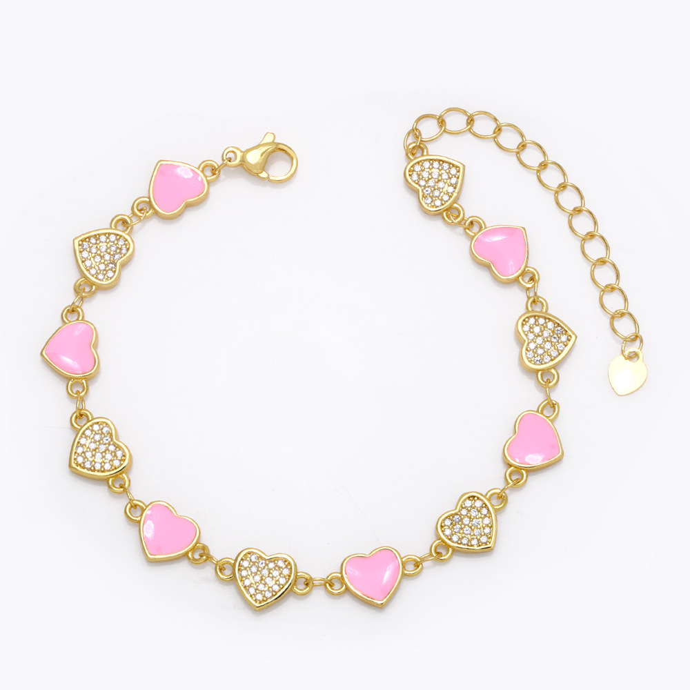 Bohemian Colorful Dripping Oil Heart-Shaped Copper 18K Gold-plated Zircon Bracelet