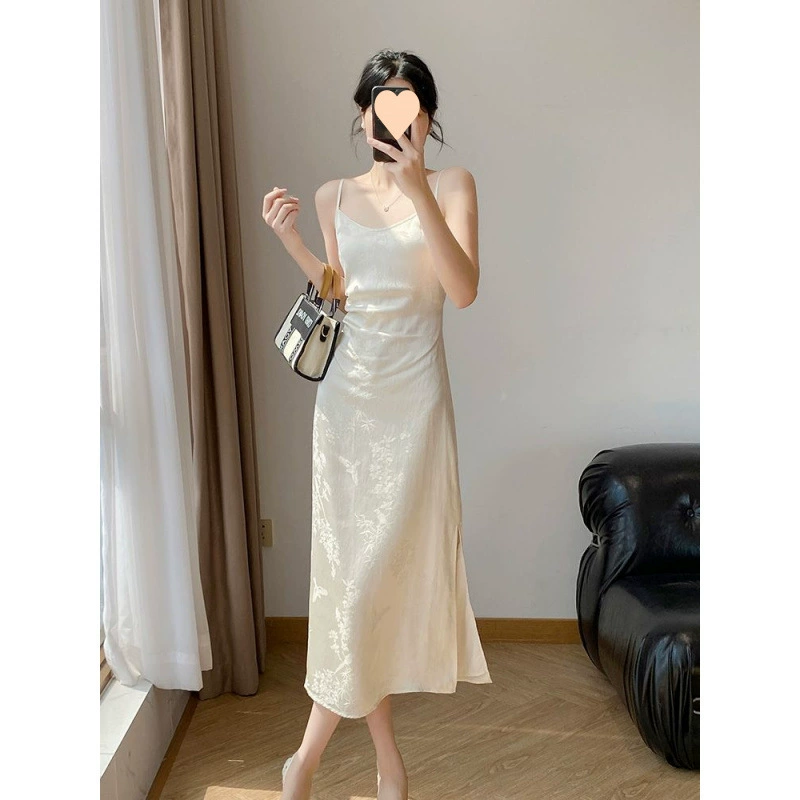 Элегантное атласное платье в национальном стиле из ацетата, новое летнее платье в китайском стиле для похудения, высококачественное платье выше колена на подтяжках, жаккардовая длинная юбка