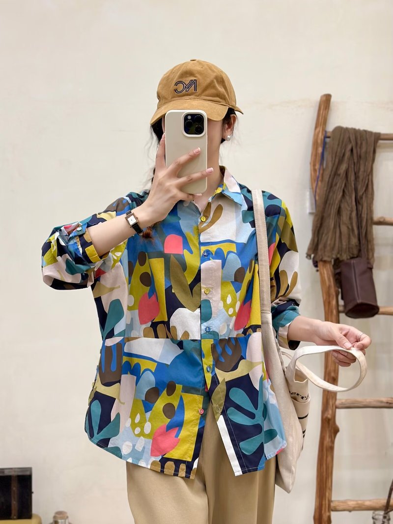 Korean Style New Graffiti Print Geometric Loose Women's Cardigan Shirt Long-Sleeved Shirt Wholesale One-Size-Fits-All Spliced Cotton