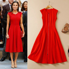 凯特王妃同款2022夏季新款女装圆领无袖前开拉链收腰下摆红连衣裙