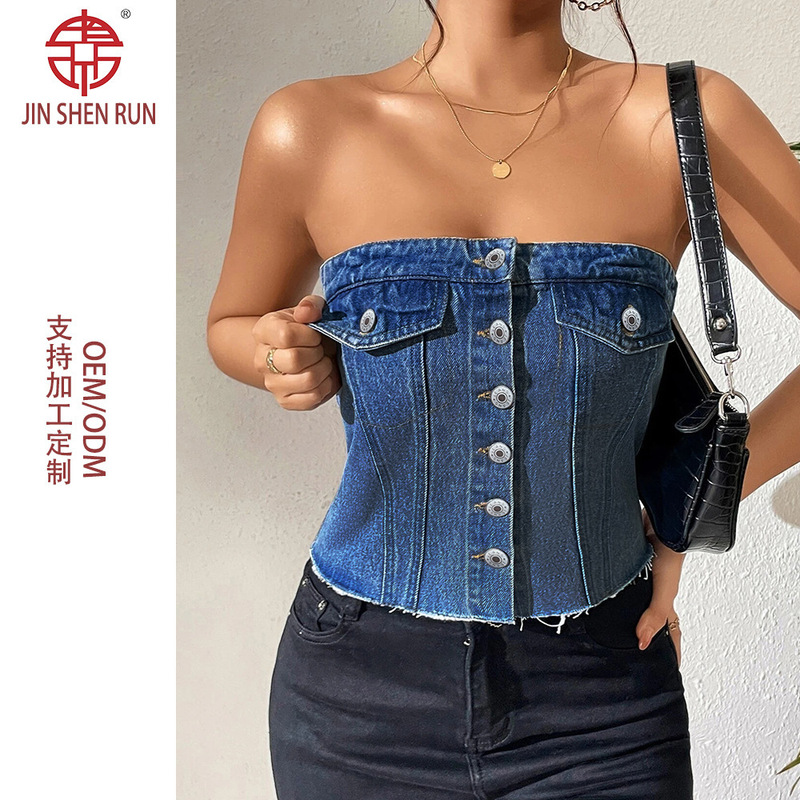 Corset-Style Denim Tube Top for Women, Autumn Strapless Short Camisole Vest, Can Be Worn Outside