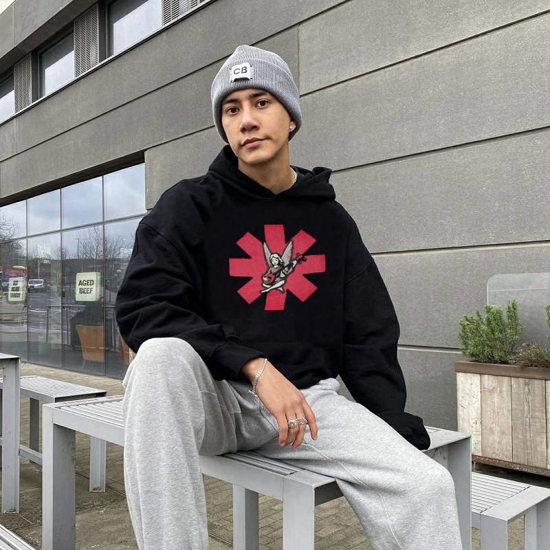 Trendy American Retro Rock Red Hot Chili Peppers Band Red Team Logo Printed Fleece-Lined Hooded Sweatshirt Hoodie Trendy American Retro Rock Red Hot Chili Peppers Band Red Team Logo Printed Fleece-Lined Hooded Sweatshirt Hoodie