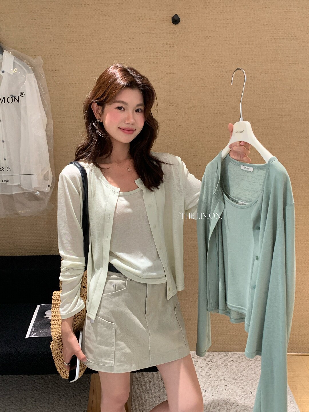 Bộ cardigan len mỏng kèm áo hai dây hai mảnh nữ mùa hè — Xám cacbon, xanh lam, màu hồng, Đậu xanh chi tiết 29
